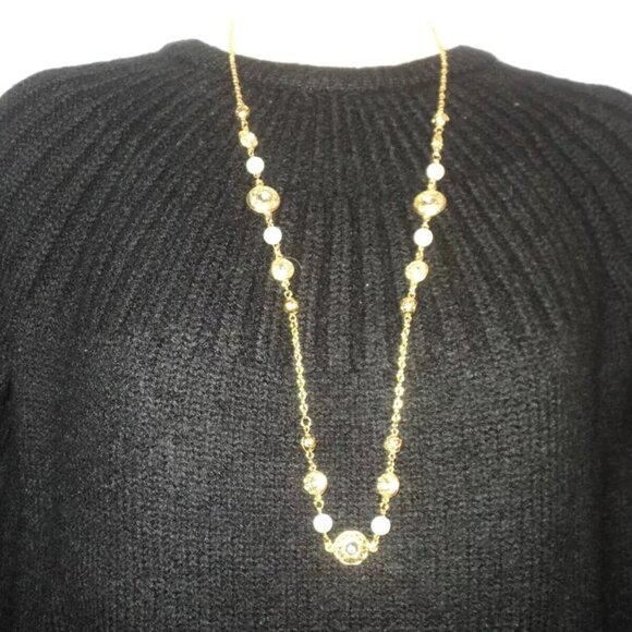 Claire's Necklace Gold-Toned, Clear Crystals, Faux Pearls, Gold Balls 31" L Vtg - Picture 1 of 4